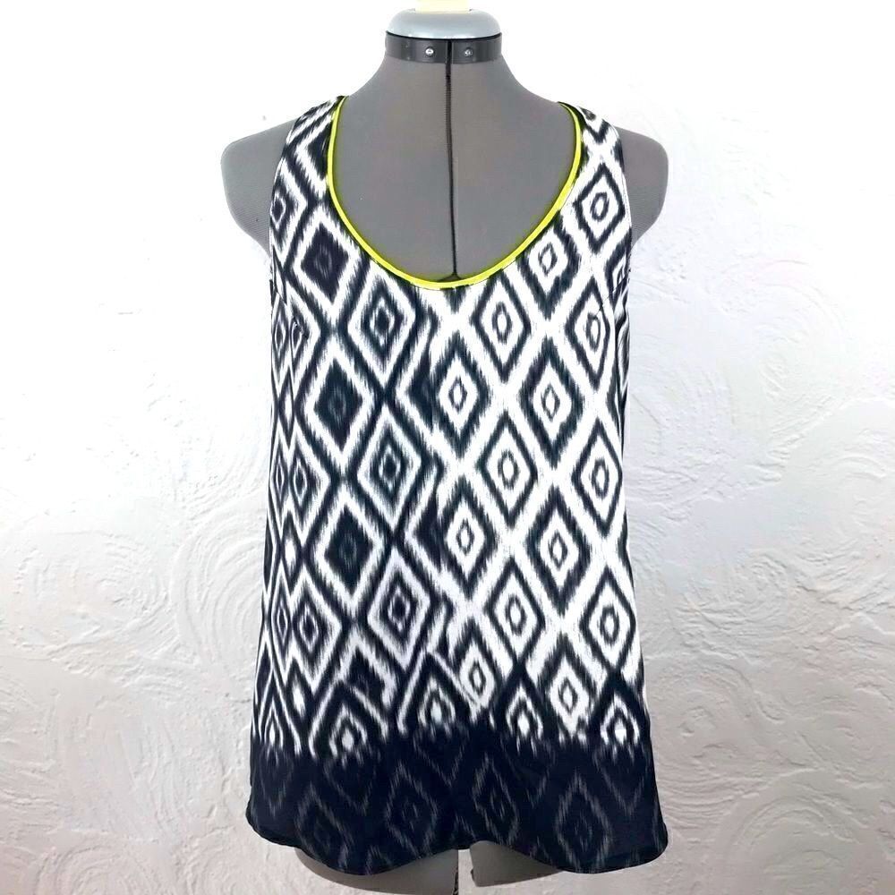Charlie Jade Navy and Green Neon Geometric Diamond Tank Blouse